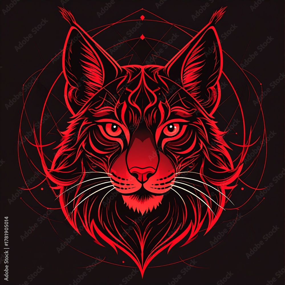 Obraz premium A fierce feline visage rendered in vibrant red outlines against a dark backdrop, featuring intricate details and a geometric halo