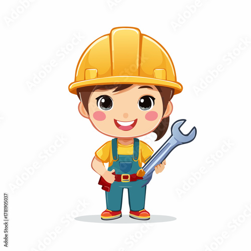 Cute Cartoon Builder Character with Construction Helmet and Wrench
