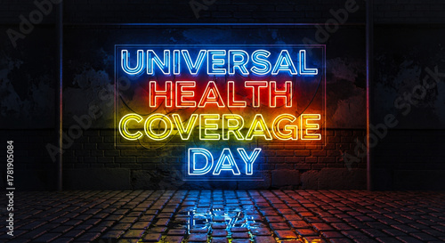 Neon Sign Highlighting Universal Health Coverage Day on Brick Wall