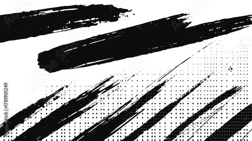Abstract black brush strokes and lines with halftone pattern