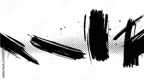 Abstract black brush strokes and halftone dots on