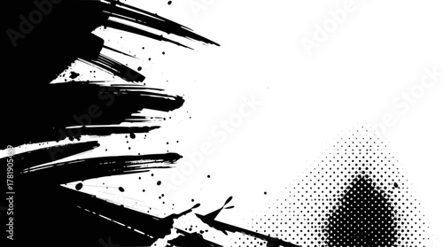Abstract black brush strokes and halftone dots on