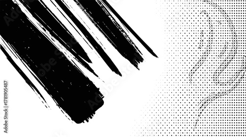 Abstract black brush strokes and halftone dots on