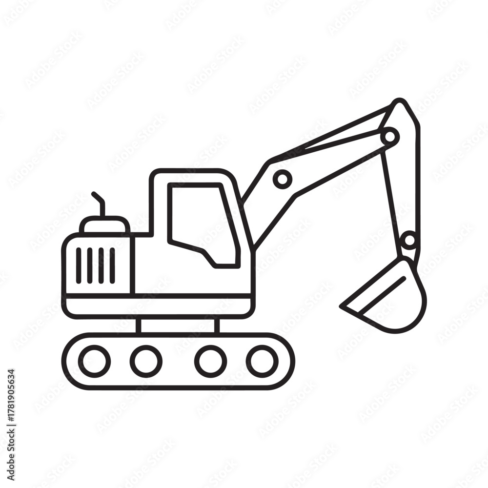 Naklejka premium Excavator linear icon. Construction machinery outline symbol. Heavy equipment for digging and building. Simple digger vector illustration isolated on white. 