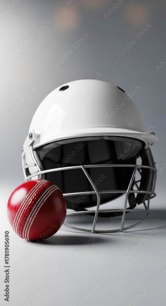 Naklejka premium Red Cricket Ball Next To White Cricket Helmet Isolated On Light Grey Background Studio Shot Sport Equipment Safety