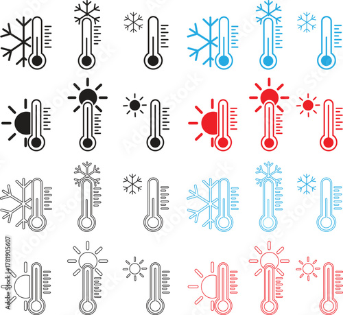 Thermometer icons set showing hot and cold temperature symbol with sun and snowflake, weather forecast indicators, climate measurement, summer, winter season black, blue and red flat, outline vectors.