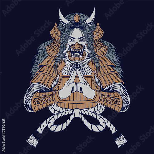 illustration of Japanese woman wearing mask and armor