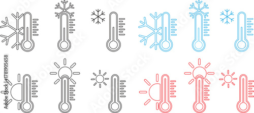 Thermometer icons set showing hot and cold temperature symbols with sun and snowflake, weather forecast indicators, climate measurement, summer and winter season black, blue and red outline vectors.