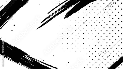 Abstract black brush stroke and halftone pattern on