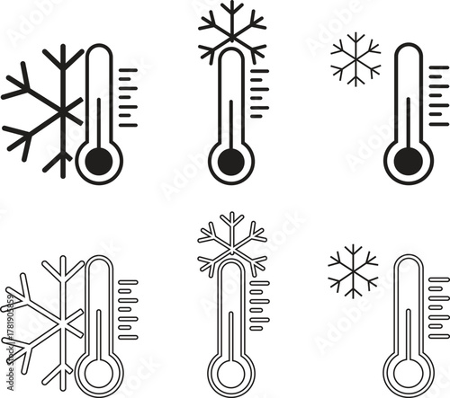 Thermometer icon set showing temperature measurement, weather cold indicator, climate control, heat and freeze symbols, winter and summer gauge elements in black flat and outline vectors illustration.