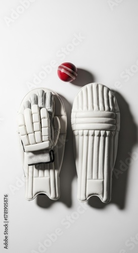 Cricket Wicket Keeper Protective Gear and Red Ball Laying Flat on Clean White Studio Background Top View