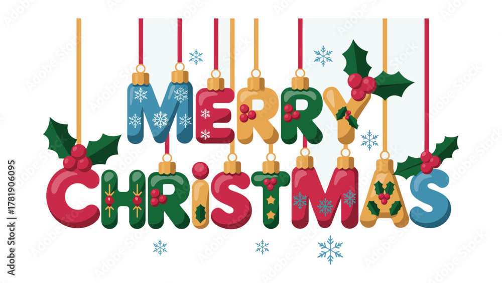 Naklejka premium Joyful Christmas Typography: Festive letters spelling Merry Christmas, each uniquely adorned with ornaments and decorations, evoke the spirit of the holiday season, radiating warmth and happiness.