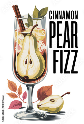 Vintage mid-century cocktail poster featuring a tall flute with pale yellow pear drink, ice cubes, and cinnamon stick. Retro gouache style with fall leaves and bold text “CINNAMON PEAR FIZZ.”