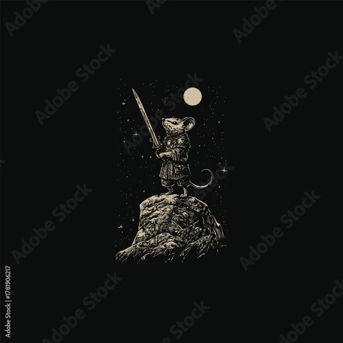 Vintage engraving of a brave mouse samurai warrior in full armor, holding a katana sword while standing on a mountain peak under a full moon and starry night sky