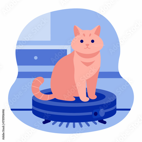 Cute cat sitting playfully on a robot vacuum cleaner in a cozy living room