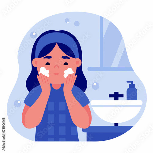 Teen girl washing her face with cleanser in a bathroom with a fresh atmosphere