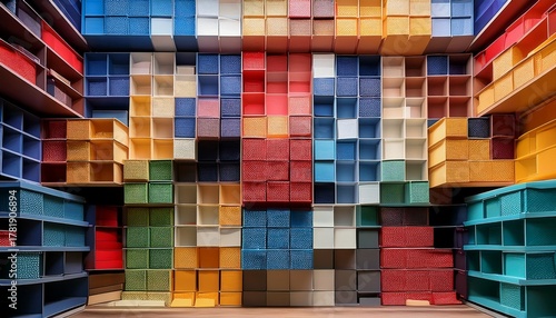 Abstract Background of Colorful Storage Boxes and Shelves