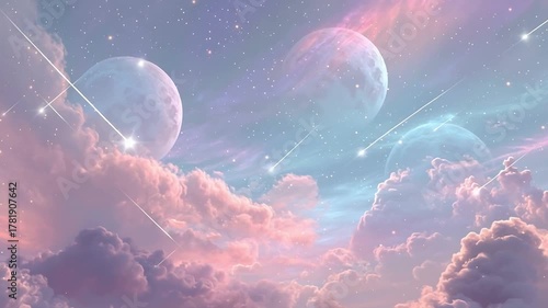 Dreamy Cosmic Sky with Pastel Clouds, Distant Planets and Shooting Stars in a Fantasy Nebula Landscape