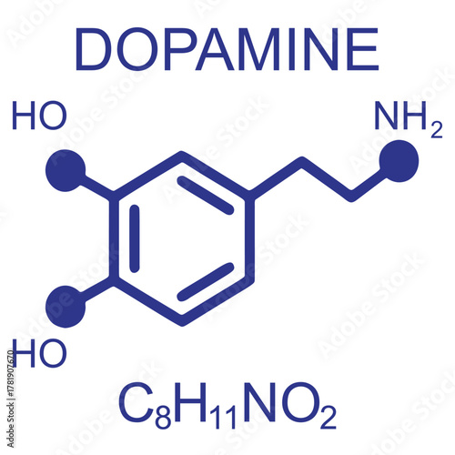 the dopamine molecule, labeled with its chemical formula and structural components, emphasizing its role in neurotransmission