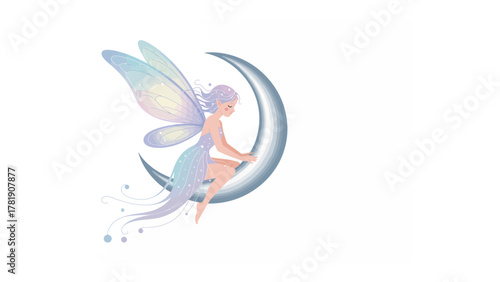 Moonlit Fairy's Embrace: An ethereal fairy with iridescent wings gracefully perches on a crescent moon, as if lost in a world of dreams and wonder. 