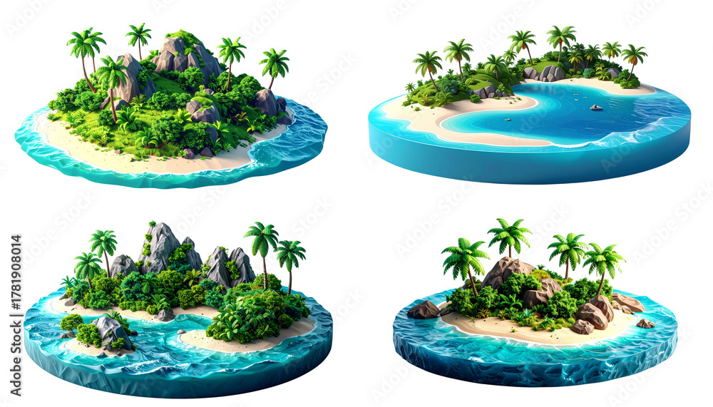 Naklejka premium Tropical beach with sand and palm trees under summer sky isolated on white background