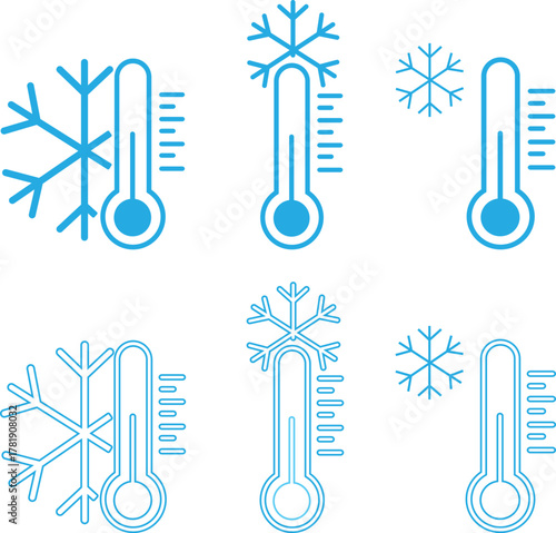 Thermometer icon set showing temperature measurement, weather cold indicator, climate control, heat and freeze symbols, winter and summer gauge elements in blue flat and outline vectors illustration.