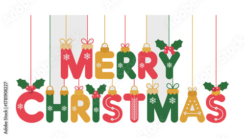 Festive Christmas Wishes: A cheerful arrangement spelling Merry Christmas, adorned with holly leaves and snowflakes, conveying the joyous spirit of the holiday season.