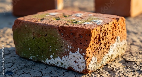 Aged red brick with moss and white bloom on cracked dry earth