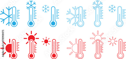 Thermometer icons set showing hot and cold temperature symbols with sun and snowflake, weather forecast indicators, climate measurement, summer and winter season blue, red flat and outline vectors.