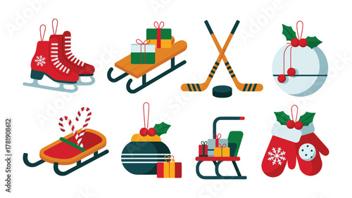 Festive Holiday Ornaments: A vibrant arrangement of festive holiday ornaments, including skates, sleds, hockey sticks, and more, all ready to bring holiday cheer.