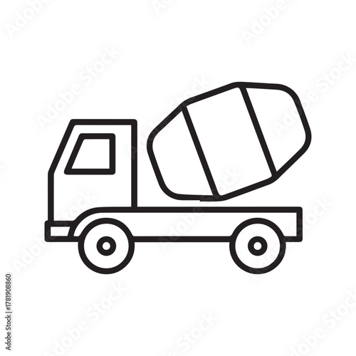 Concrete mixer truck line icon. Construction machinery symbol. Cement vehicle for building site. Heavy industrial transport outline vector illustration.
