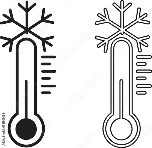 Thermometer icon set showing temperature measurement, weather cold indicator, climate control, heat and freeze symbols, winter and summer gauge elements in black flat and outline vectors illustration.