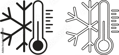 Thermometer icon set showing temperature measurement, weather cold indicator, climate control, heat and freeze symbols, winter and summer gauge elements in black flat and outline vectors illustration.
