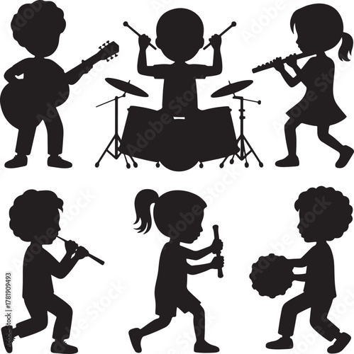 Children silhouettes playing musical instruments vector 1
