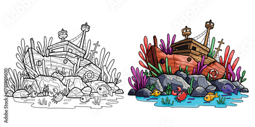 Cute Cartoon Octopus and Crab Underwater Set - Line Art Coloring Pages and Colored Vector Illustrations with Shipwreck and Seaweed