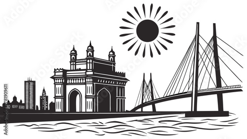 Black and white skyline featuring gateway of india, bridge, buildings and sun illustration art created with generated ai