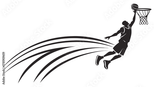 Silhouette of basketball player performing slam dunk with motion lines and net on white background created with generated ai