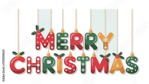Festive Christmas Ornament Display: The word Merry Christmas crafted into decorative ornaments, elegantly suspended, exuding holiday cheer and seasonal joy.