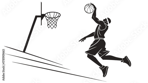 Silhouette of basketball player jumping with ball near hoop and speed lines in black and white design art created with generated ai