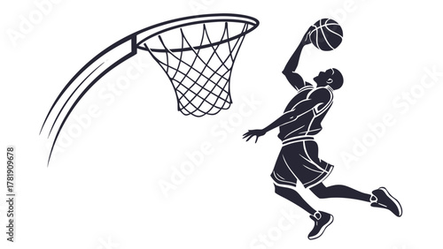 Silhouette of a basketball player dunking the ball into the net with great athleticism and skill shown created with generated ai