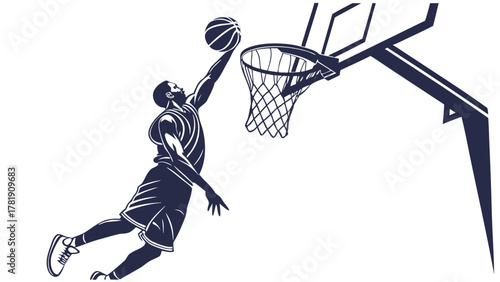 Silhouette of a basketball player leaping to dunk the ball in a basketball hoop with a net shown here created with generated ai