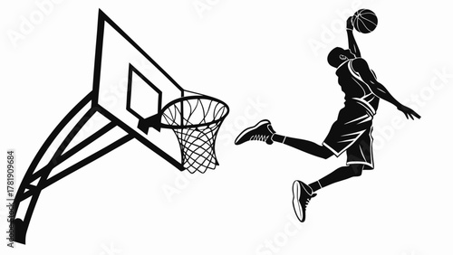 Silhouette of a basketball player doing a slam dunk near a basketball hoop and backboard created with generated ai