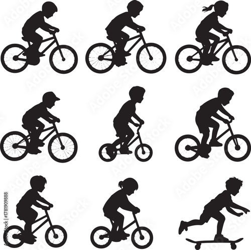 Children silhouettes riding bicycles and skateboard
