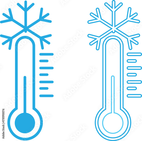 Thermometer icon set showing temperature measurement, weather cold indicator, climate control, heat and freeze symbols, winter and summer gauge elements in blue flat and outline vectors illustration.