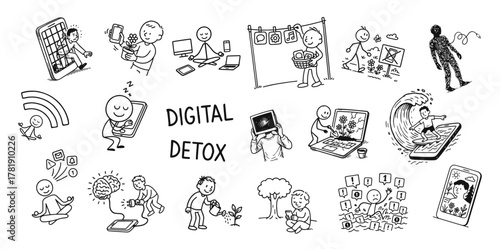Cartoon cats practicing digital detox through reading, resting, and playful rebellion, set of vector, tracing