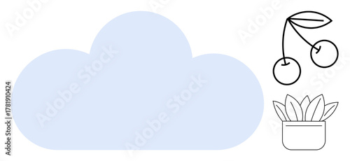 Soft blue cloud paired with black line art of cherry and potted plant. Ideal for nature, sustainability, weather, simplicity, gardening, organic design, and mindfulness concepts. A simple flat