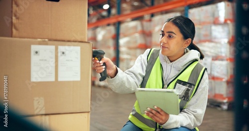 Obraz na płótnie Logistics, tablet or woman with box scanner in warehouse for inventory, cargo accuracy or shipping