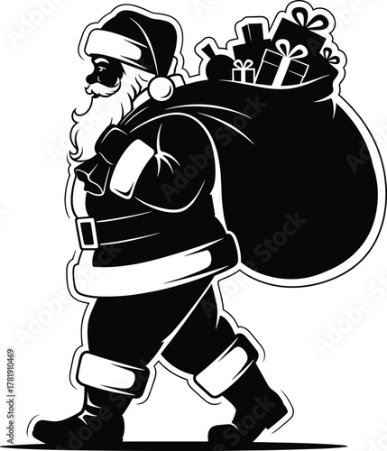 Santa Claus walking with big sack of Christmas gifts, festive holiday illustration, traditional costume, winter celebration, cheerful seasonal artwork, black white drawing