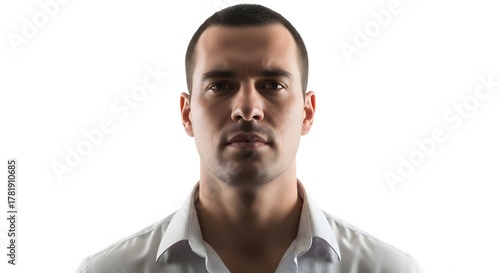 A man with short hair, wearing a white shirt, standing against a white background with a plain white wall.