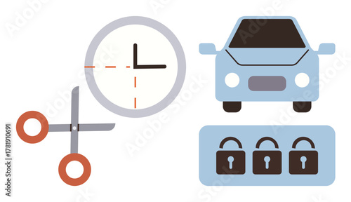 Clock showing time, scissors, car illustration, and locked padlocks. Ideal for time-saving, organization, transportation security, efficiency planning personal safety minimalism. Clean flat
